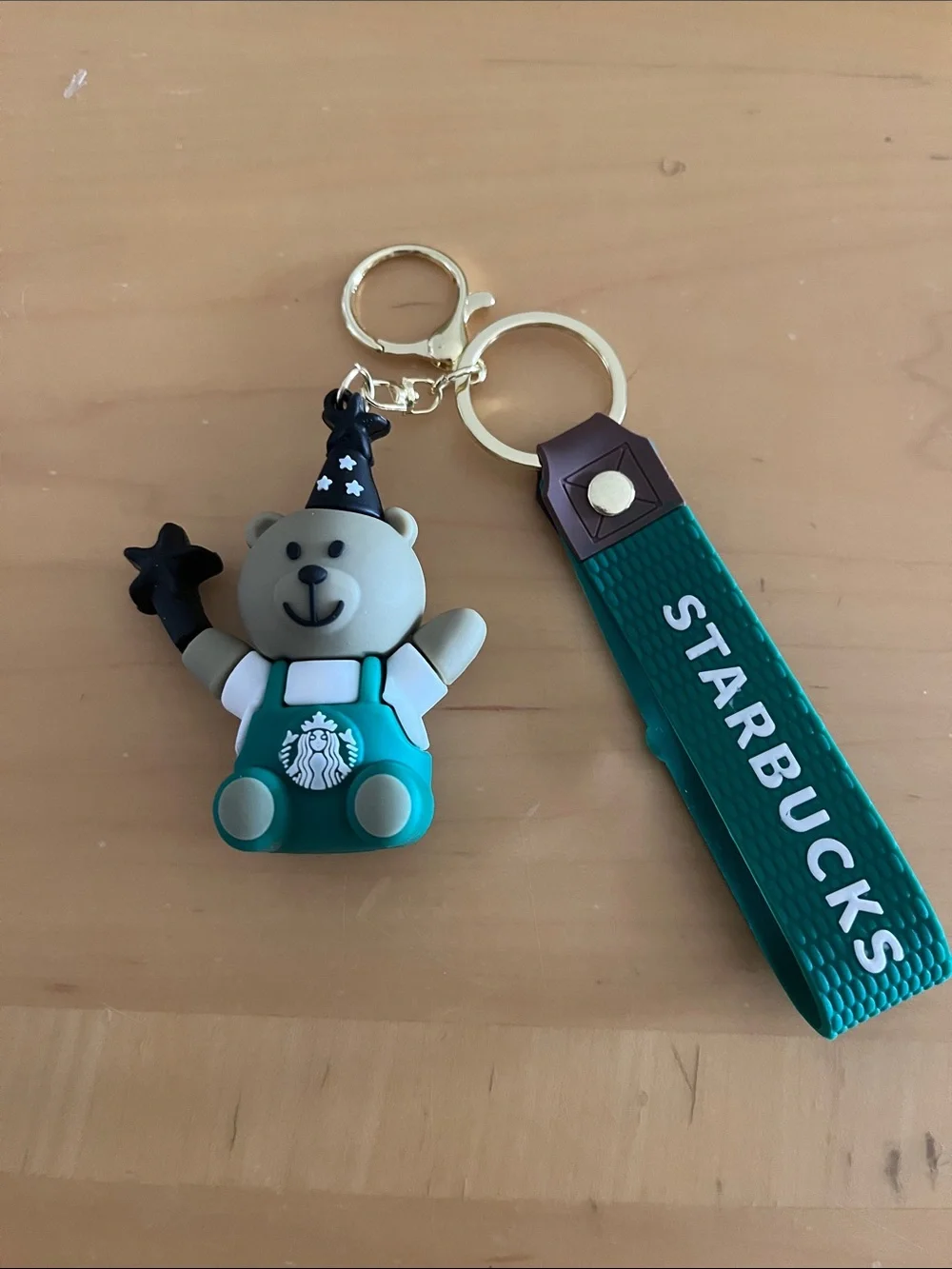Starbucks Green Bear Keychain with Gold Ring and Black Hat